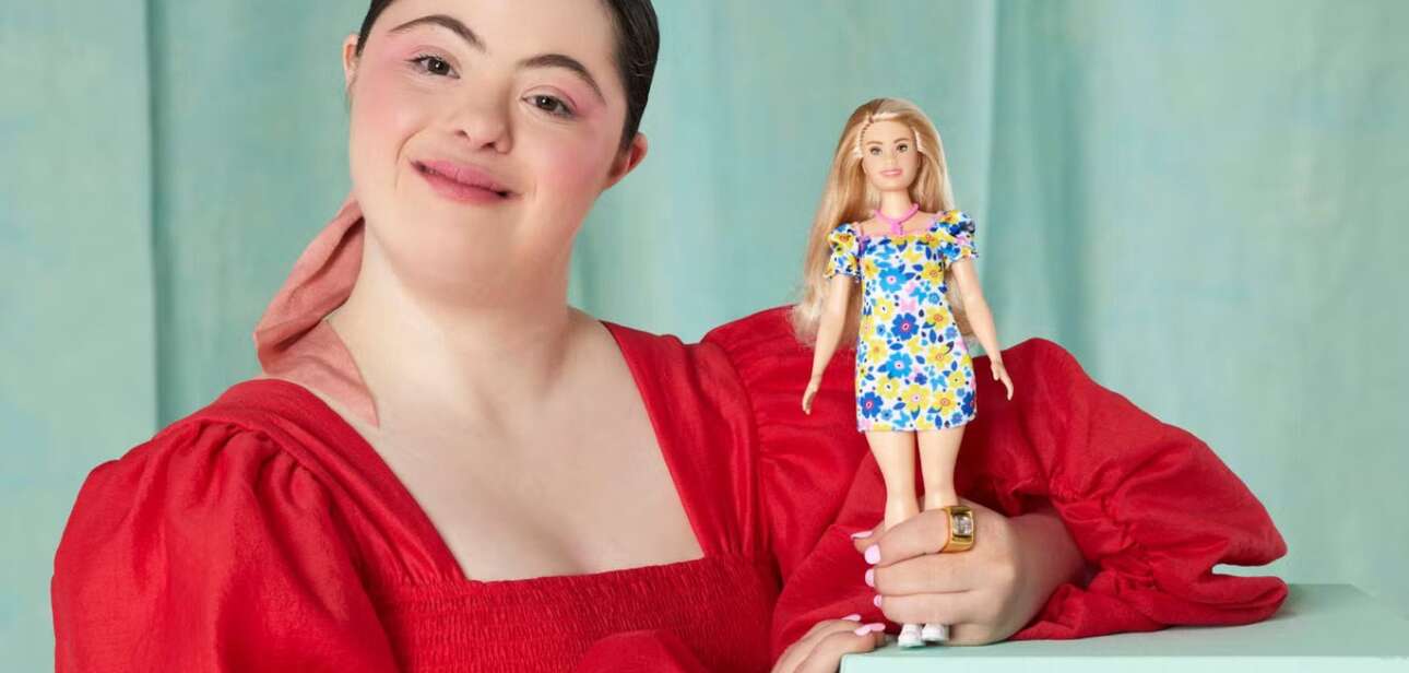 Model Ellie Goldstein poses with Barbie’s first doll with Down’s syndrome