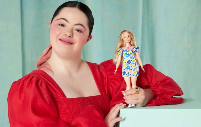 Model Ellie Goldstein poses with Barbie’s first doll with Down’s syndrome